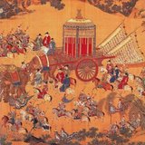 Detail of a silk scroll, 'The Emperor's Approach', showing the luxury in which the emperor Xuande travelled. Elephants were kept in the imperial elephant stables until around 1900 and were often used for ceremonial occasions, such as the emperor's visits to the Temple of Heaven. Here, however, the large number of horsemen accompanying the emperor's carriage suggests that the emperor was on a much longer journey in the countryside.