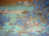 Emperor Xuanzong's Journey to Sichuan; this section of a much larger Ming Dynasty (1368-1644) Chinese handscroll painting on silk shows Tang Minghuang, or Emperor Xuanzong of Tang, fleeing the capital Chang'an and the violence of the An Shi Rebellion that began in the year 755 during the mid Tang Dynasty. This handscroll painting is a late Ming copy after an original painting by the renowned Ming artist Qiu Ying (1494-1552).